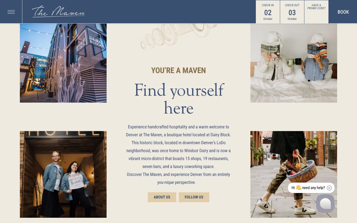 The live Maven intro on 1 October 2026: You're a Maven, Find yourself here, with the Dairy Block description between four photographs of the alley, the hotel entrance and guests