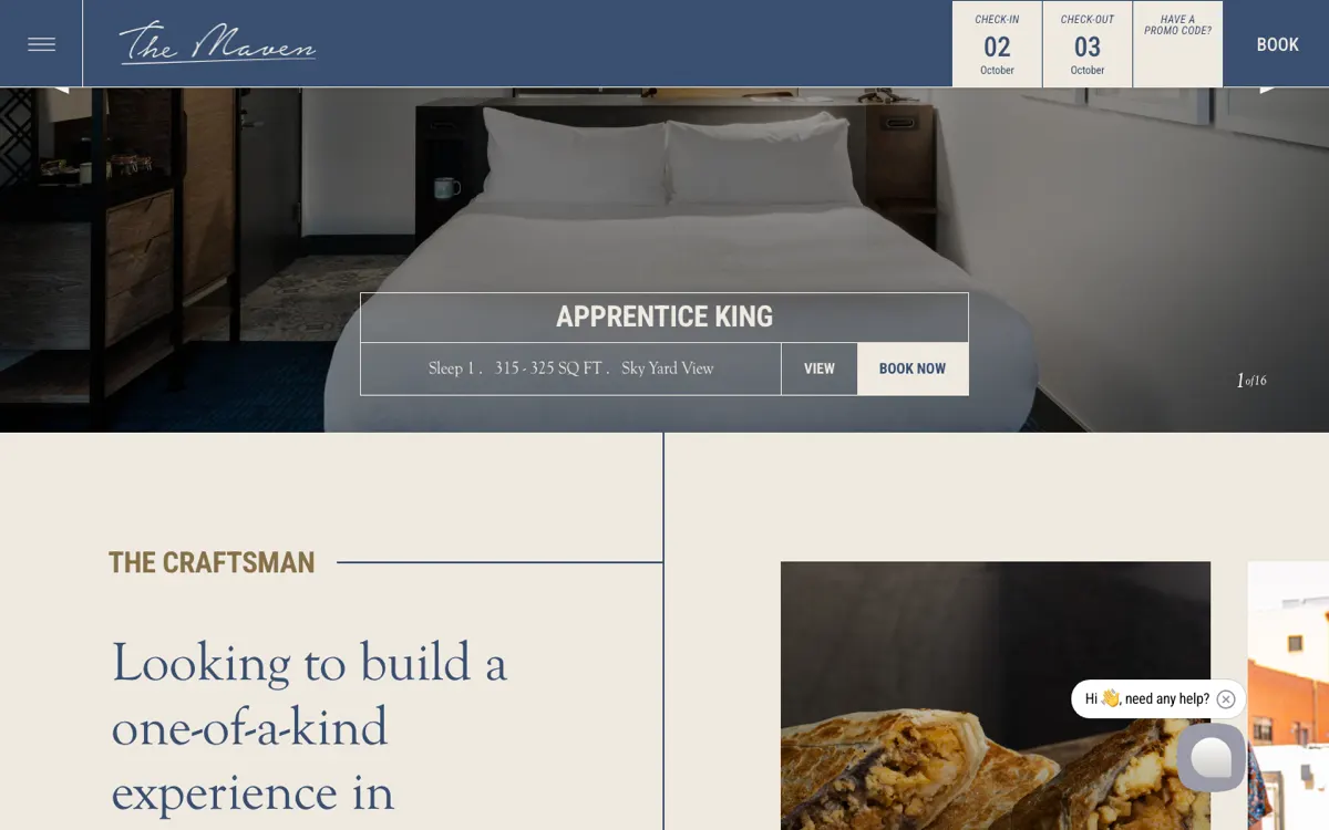 The live Maven rooms carousel on 1 October 2026: slide 1 of 16, Apprentice King, Sleep 1, 315 to 325 square feet, Sky Yard View, with View and Book Now buttons over a photograph of the room