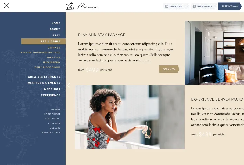 The Maven navigation as designed, opened over a package page: the main sections on the left with the four dining venues listed under Eat and Drink, and package cards on the right