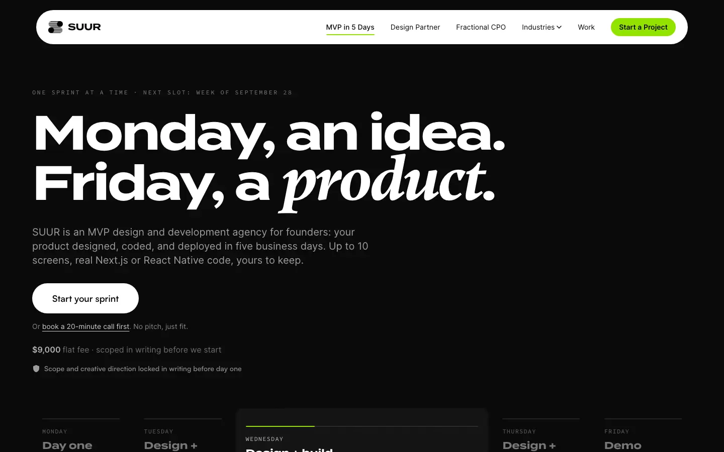 The MVP in 5 Days page on suur.io: a dark hero with the line Monday, an idea. Friday, a product, over a WebGL background rendered by a 7KB hand-written shader
