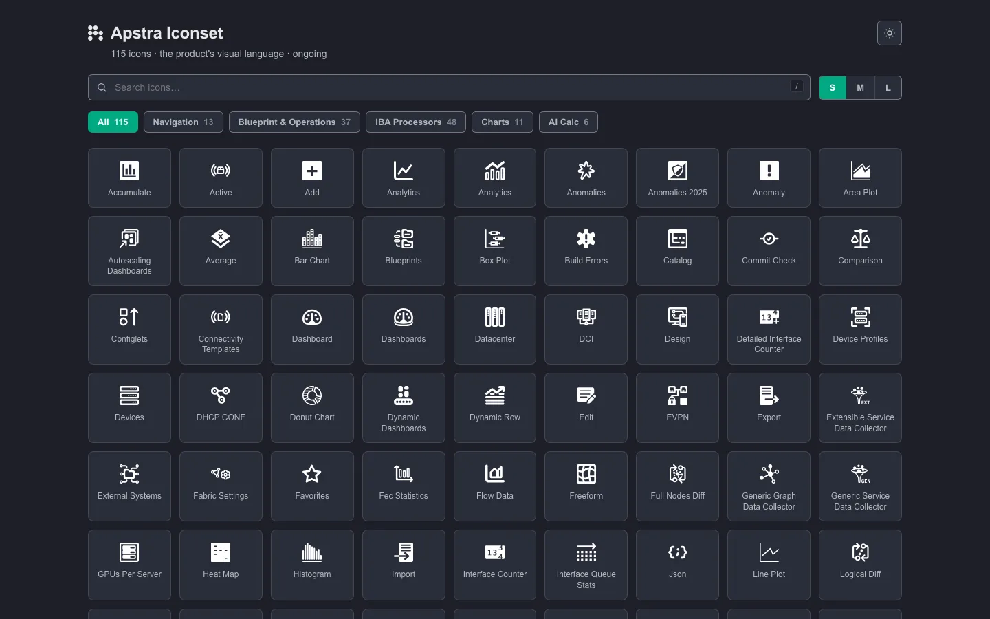 The Apstra icon browser: 115 icons in a searchable, filterable grid across navigation, blueprints and operations, IBA processors, charts, and AI
