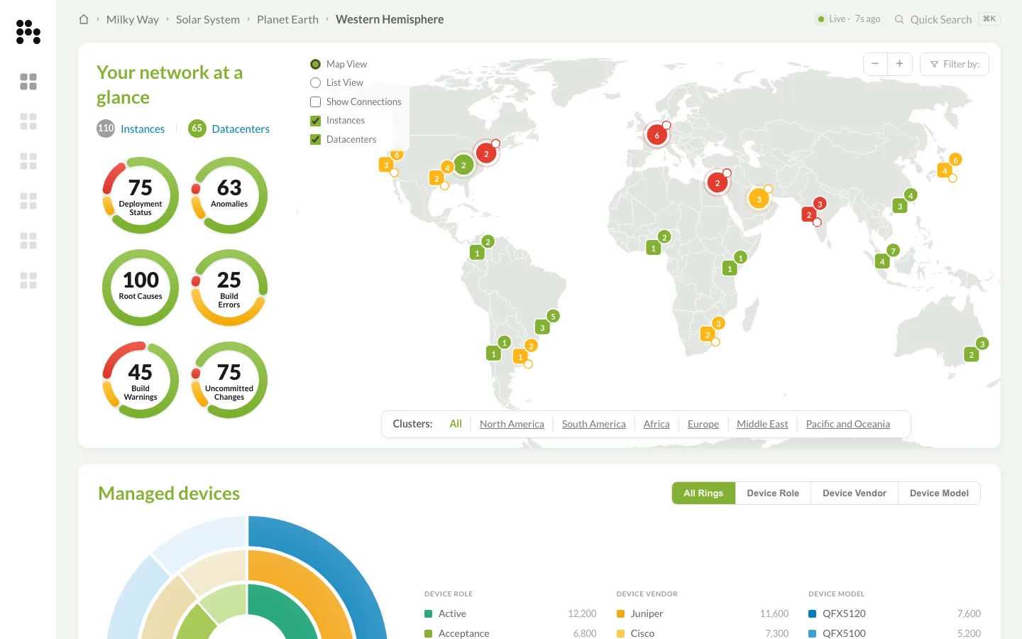 The Overseer prototype: a live, clickable operations console showing a world map of data centers with anomaly counts, deployment gauges, and a managed-device breakdown