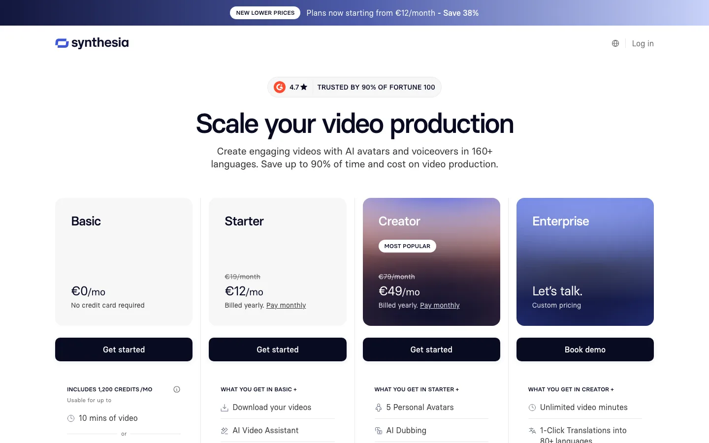 Synthesia's pricing page on 16 September 2026, showing plans from €12 a month billed yearly