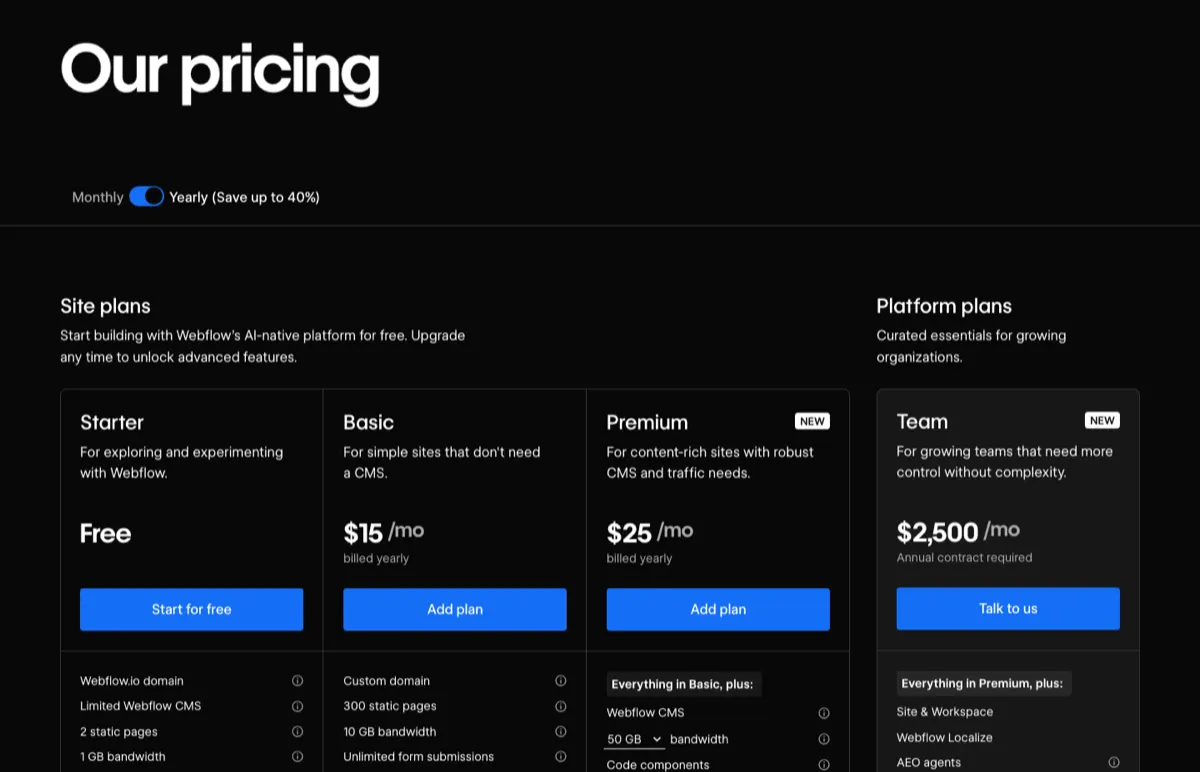 Webflow's pricing page on 18 October 2026, yearly billing selected: Starter free, Basic $15 a month and Premium $25 a month billed yearly, and the Team platform plan at $2,500 a month on an annual contract