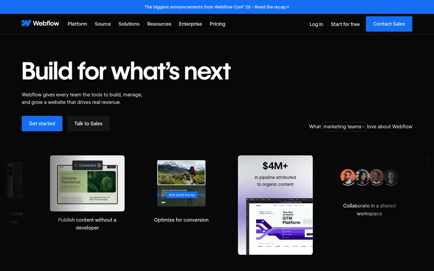 Webflow's homepage on 22 September 2026: Build for what's next, then Introducing Source by Webflow, where modern teams and agents run the web