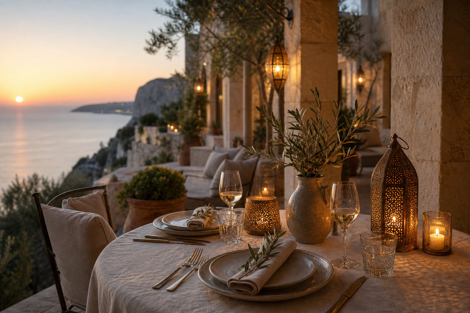 A candlelit terrace dinner table above the sea