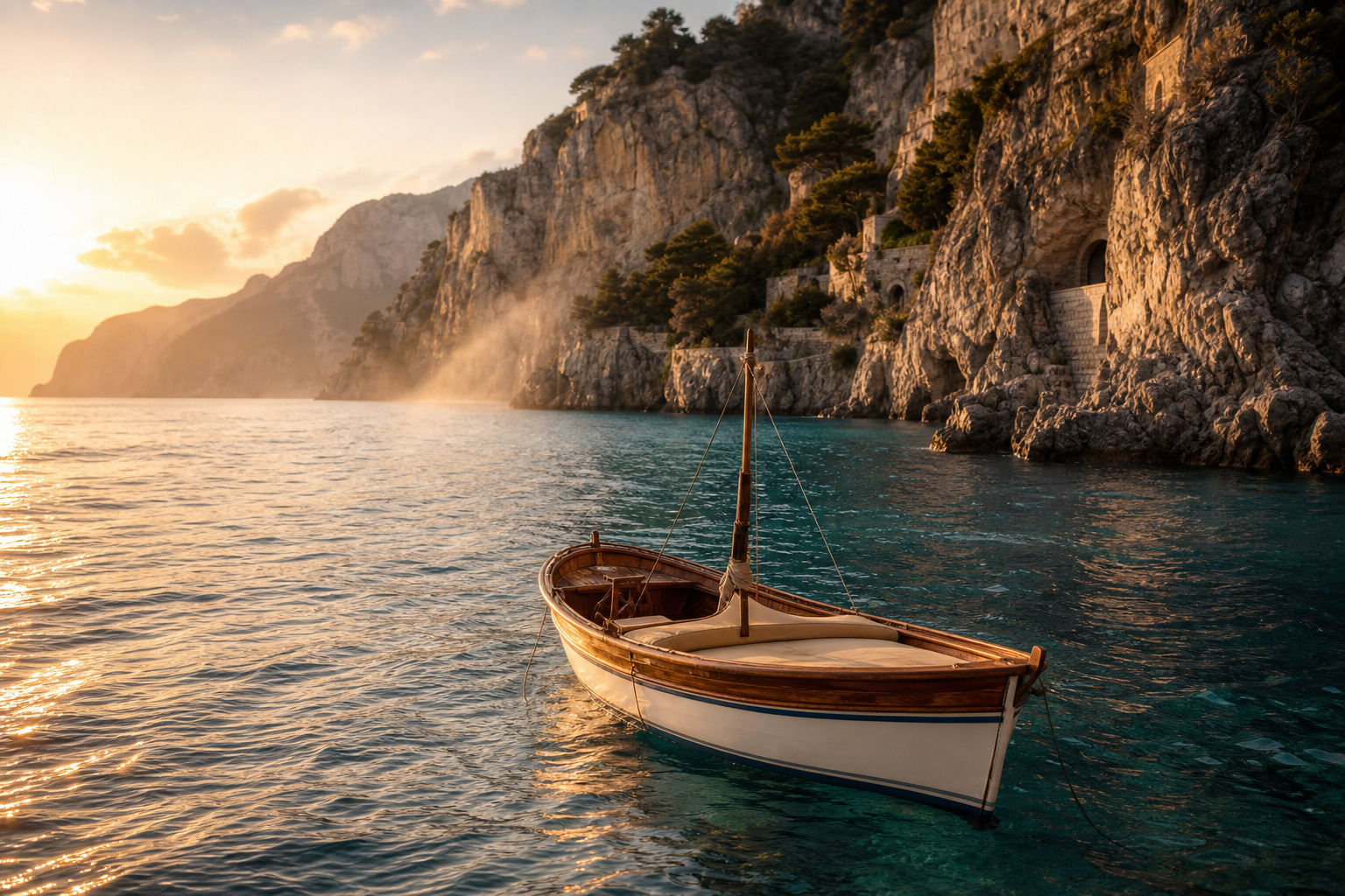 A wooden boat on turquoise water at sunrise