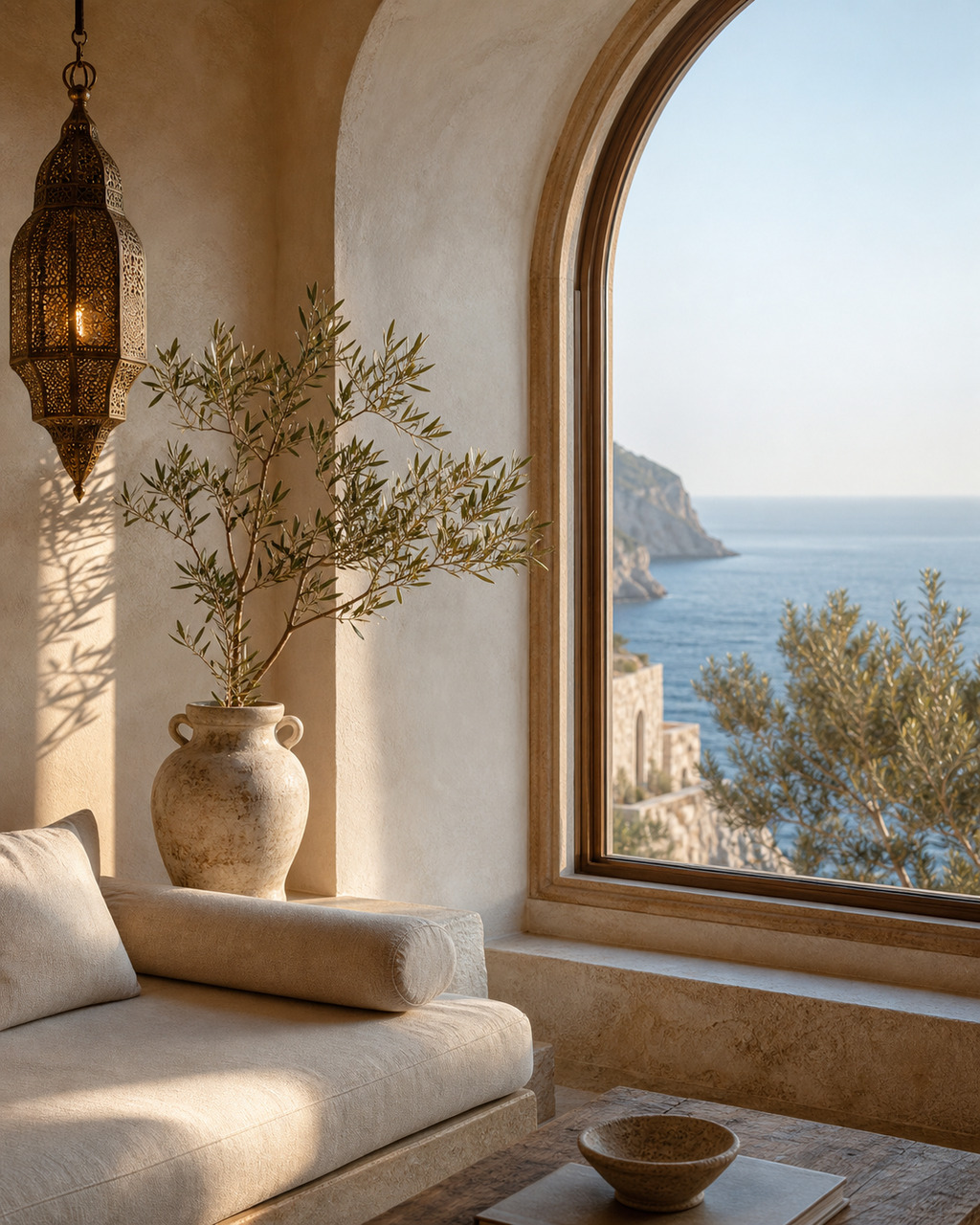 A sunlit interior corner with a sea view