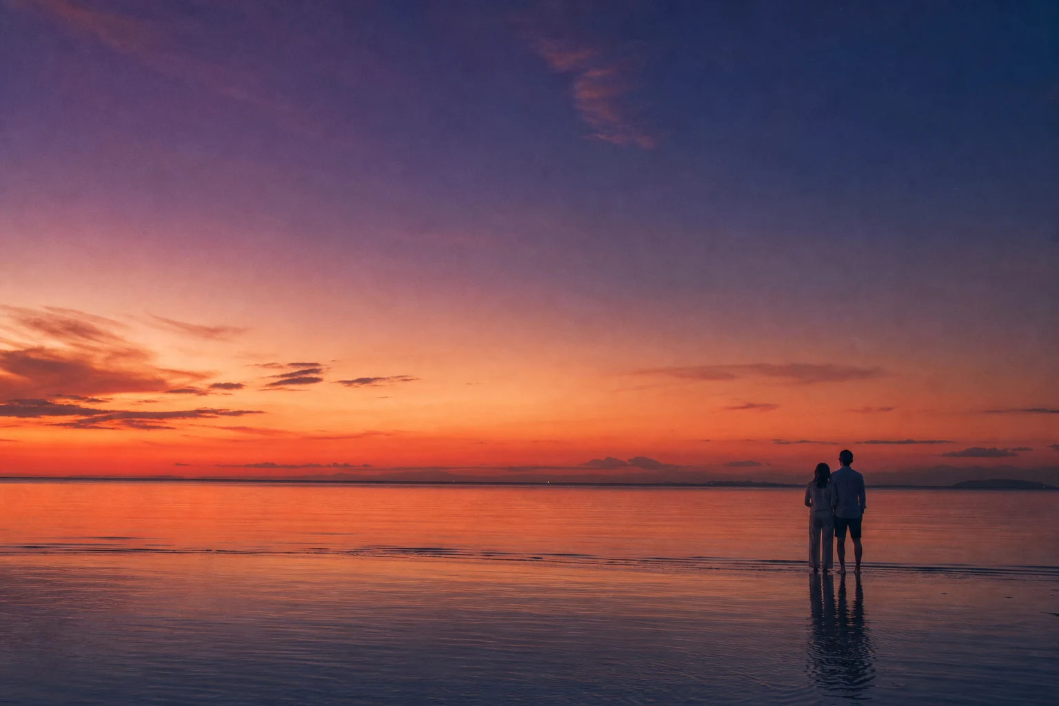 A couple standing together at the edge of the sea after sunset
