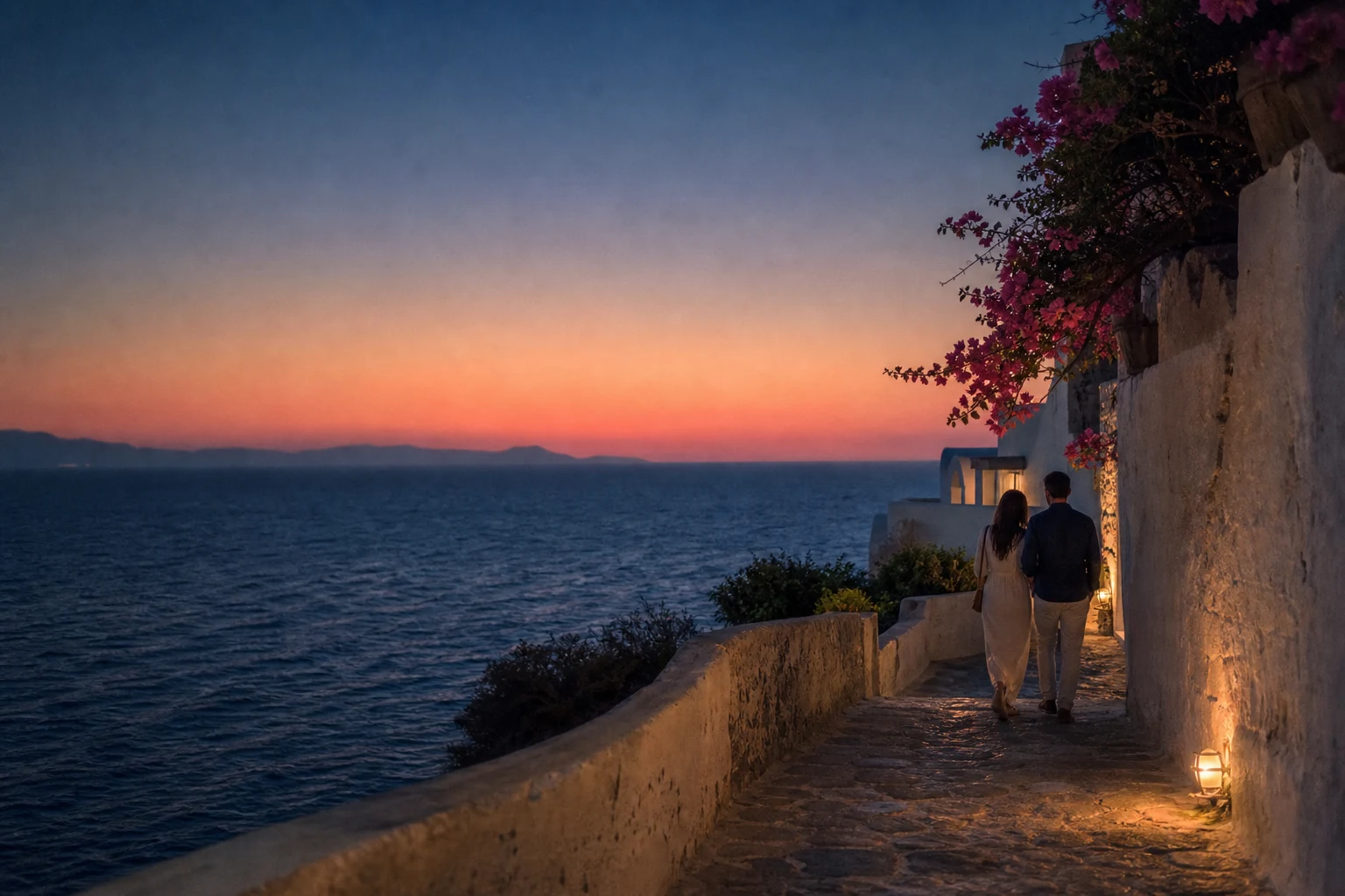 A couple walking through a Mediterranean village at blue hour