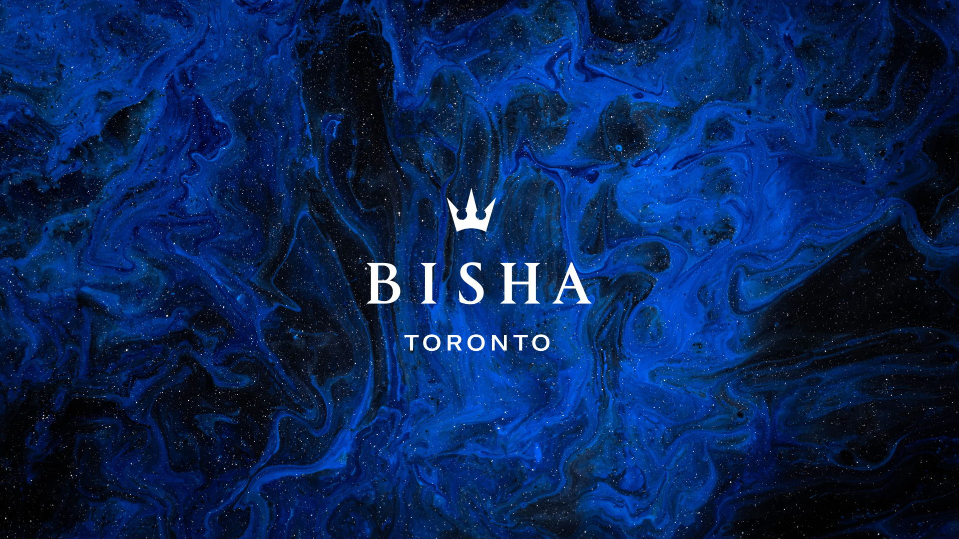Bisha Toronto brand cover — crown and wordmark over deep blue marbled ink