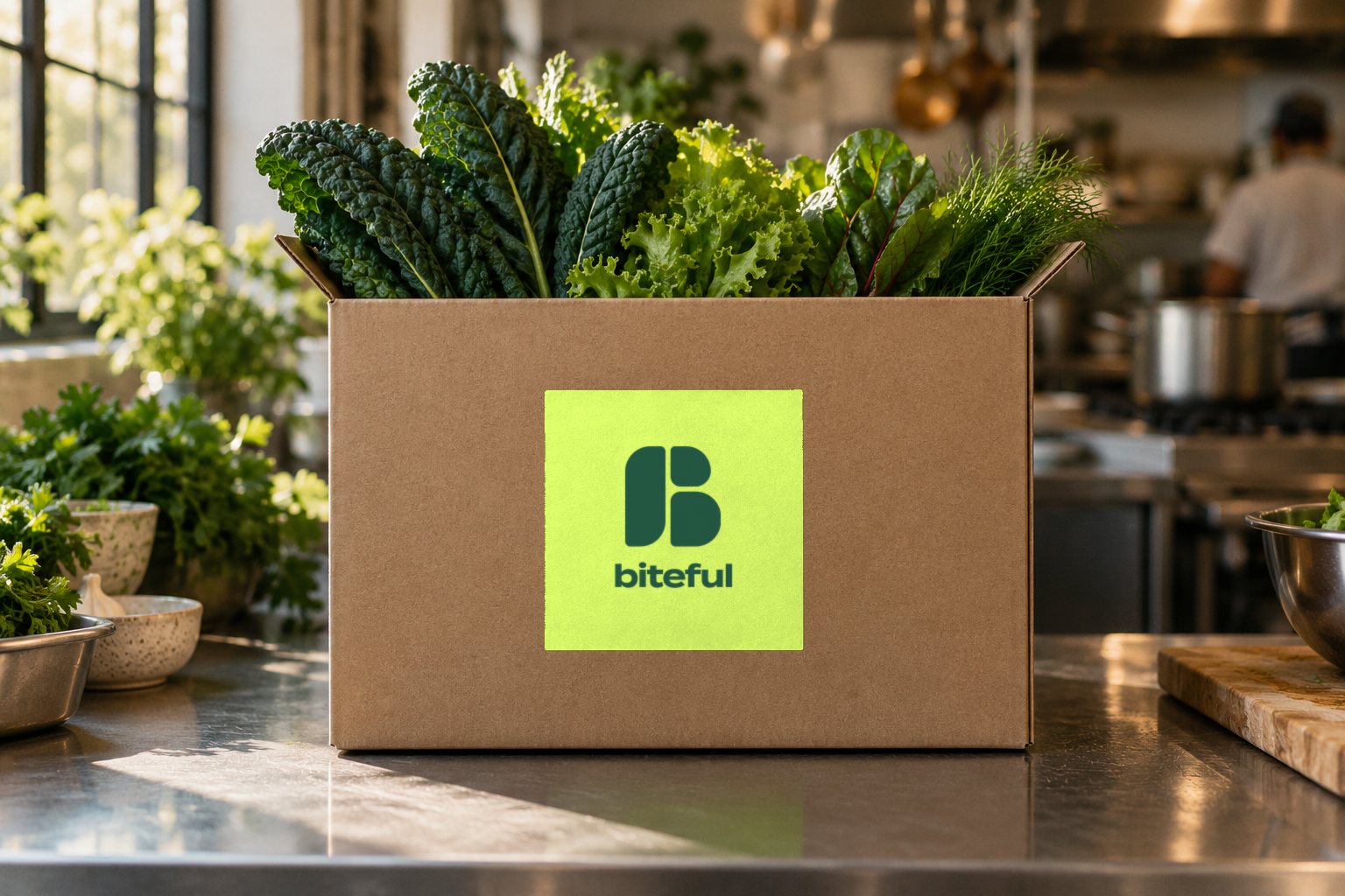 A kraft delivery box with a lime Biteful label