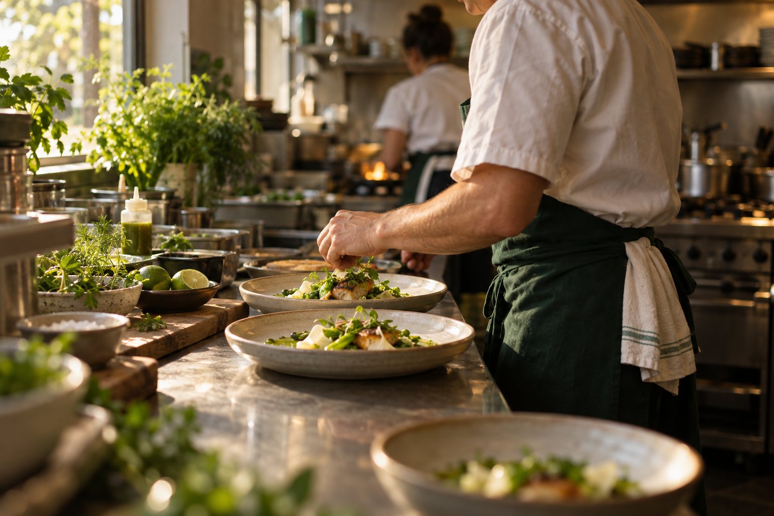 A cook in a forest green apron plating at the pass of a small restaurant kitchen