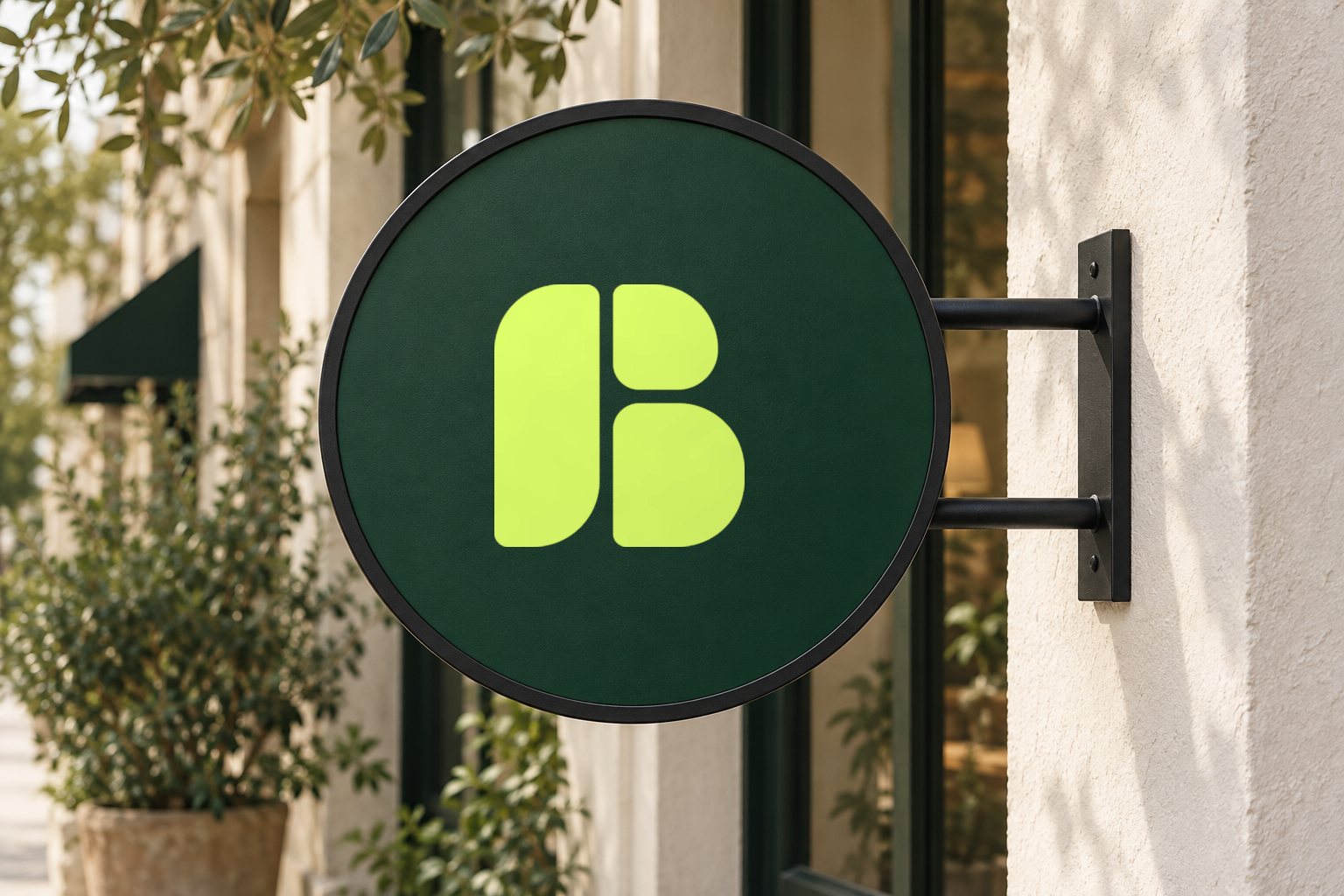 A round forest green blade sign with the lime Biteful mark