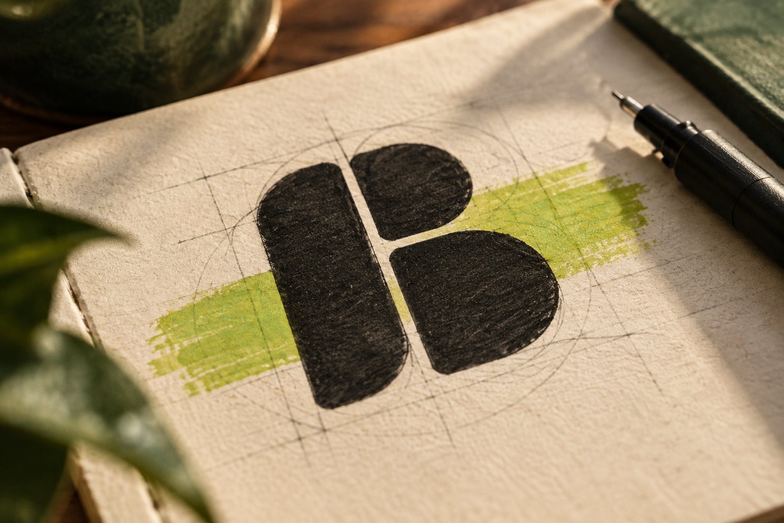 Close-up of the three-shape b drawn in fineliner over pencil construction circles