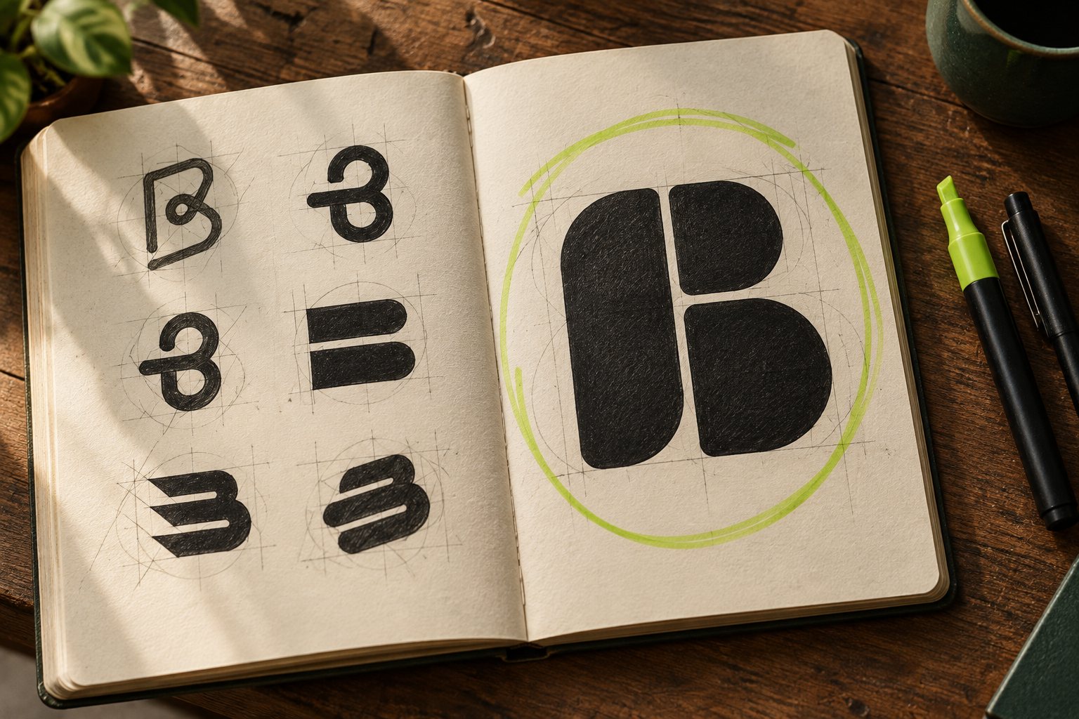An open sketchbook with pencil explorations of letter B monograms, the three-shape b circled in lime marker