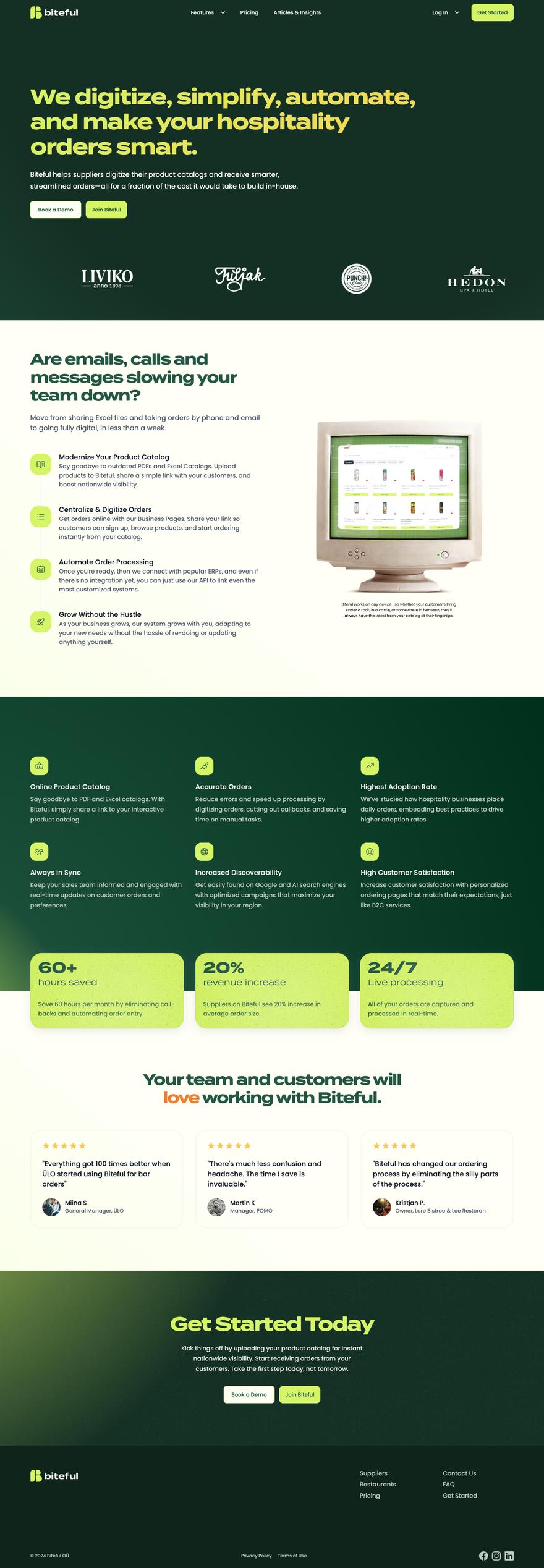 The full Biteful homepage, scrolling