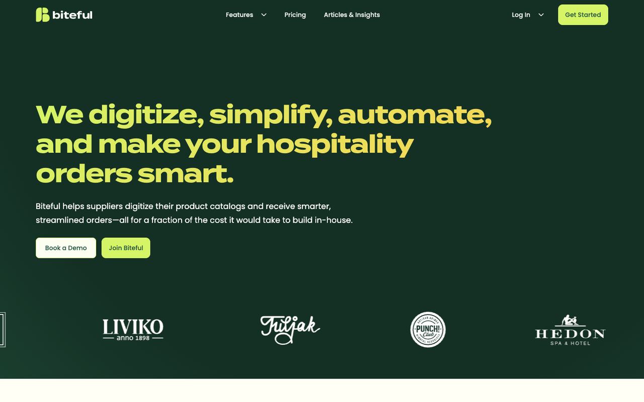 Biteful homepage — lime headline on deep forest green