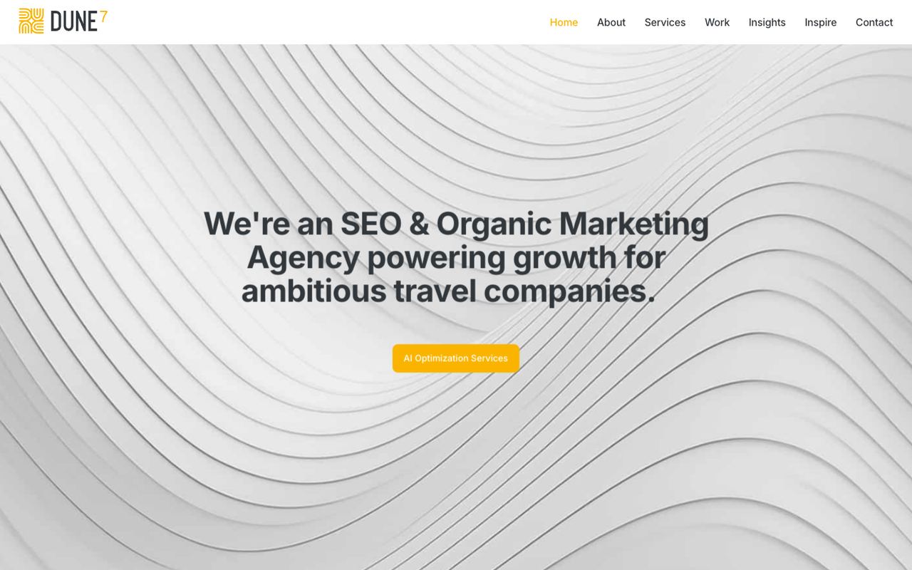 Dune7 homepage — wavy dune texture and the agency positioning headline