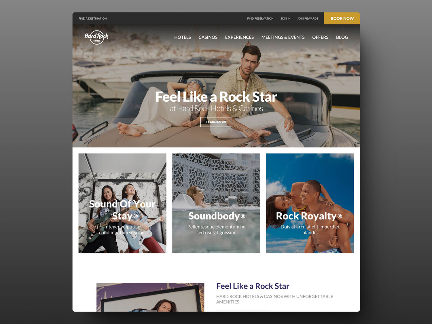 Hard Rock Hotels redesigned homepage — Feel Like a Rock Star hero