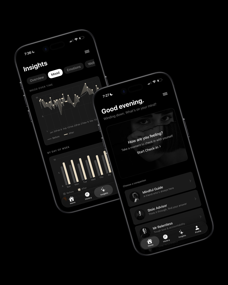 ILTY app screens showing the Insights dashboard with mood tracking and the Home screen with companion selection