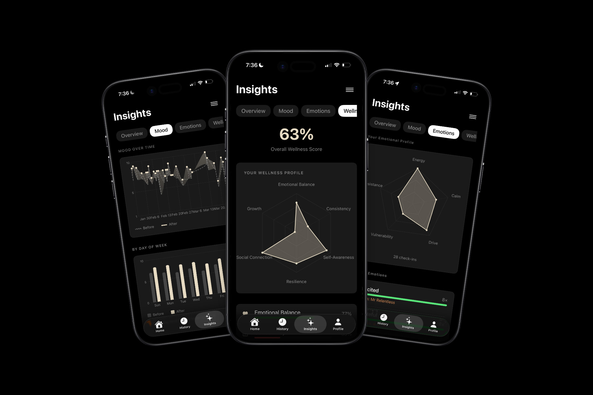 ILTY Insights dashboard: mood trends over time, wellness radar score, and emotional profile analysis