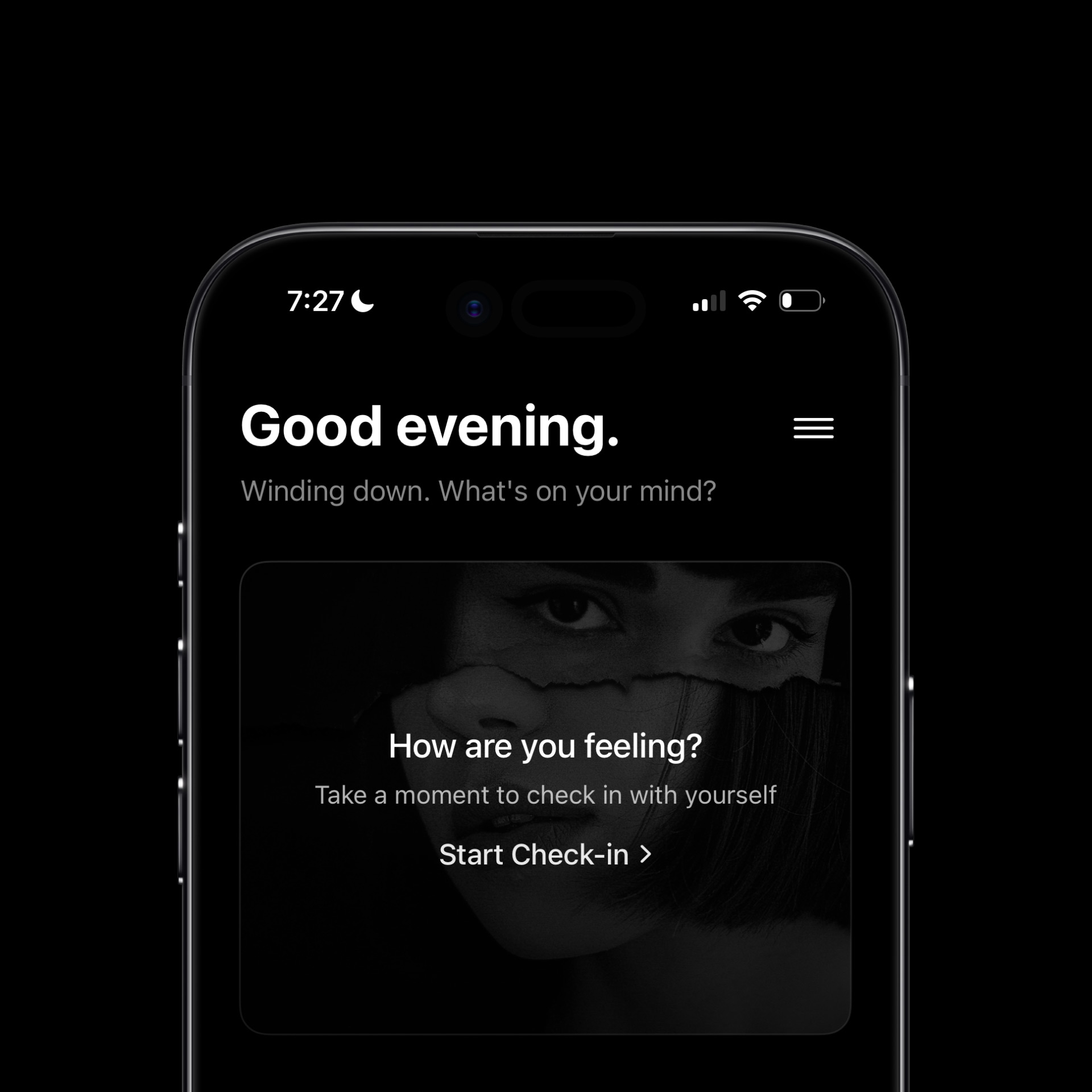 ILTY home screen close-up showing the dark luxury aesthetic with warm photography and clean typography