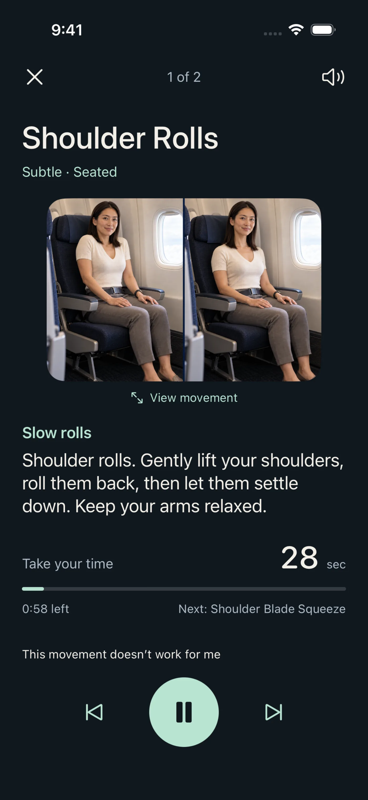The InFlight routine player: Shoulder Rolls, a written cue, a timer and the next movement