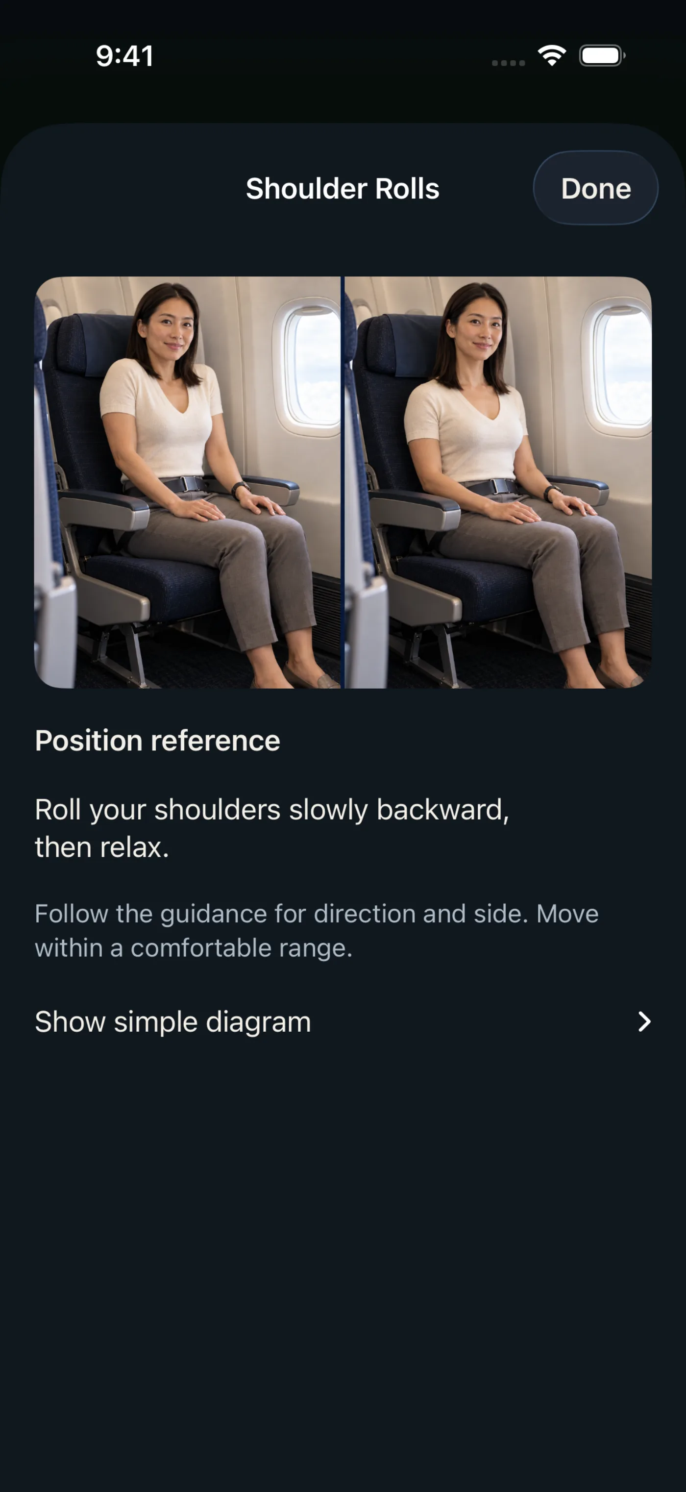 Position reference for Shoulder Rolls: the coach seated in an economy seat, before and after the movement