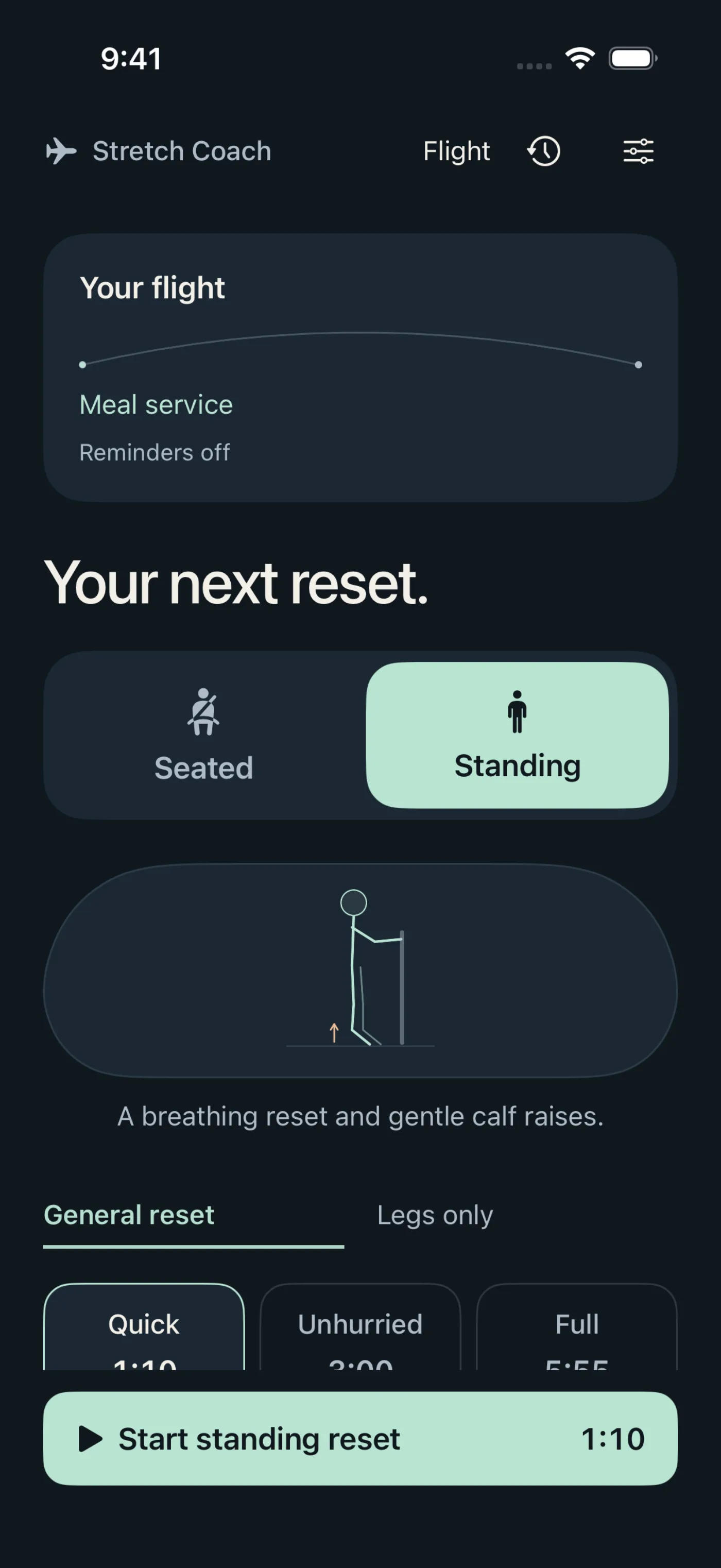 InFlight home: Seated or Standing, a General or Legs focus, and one start button