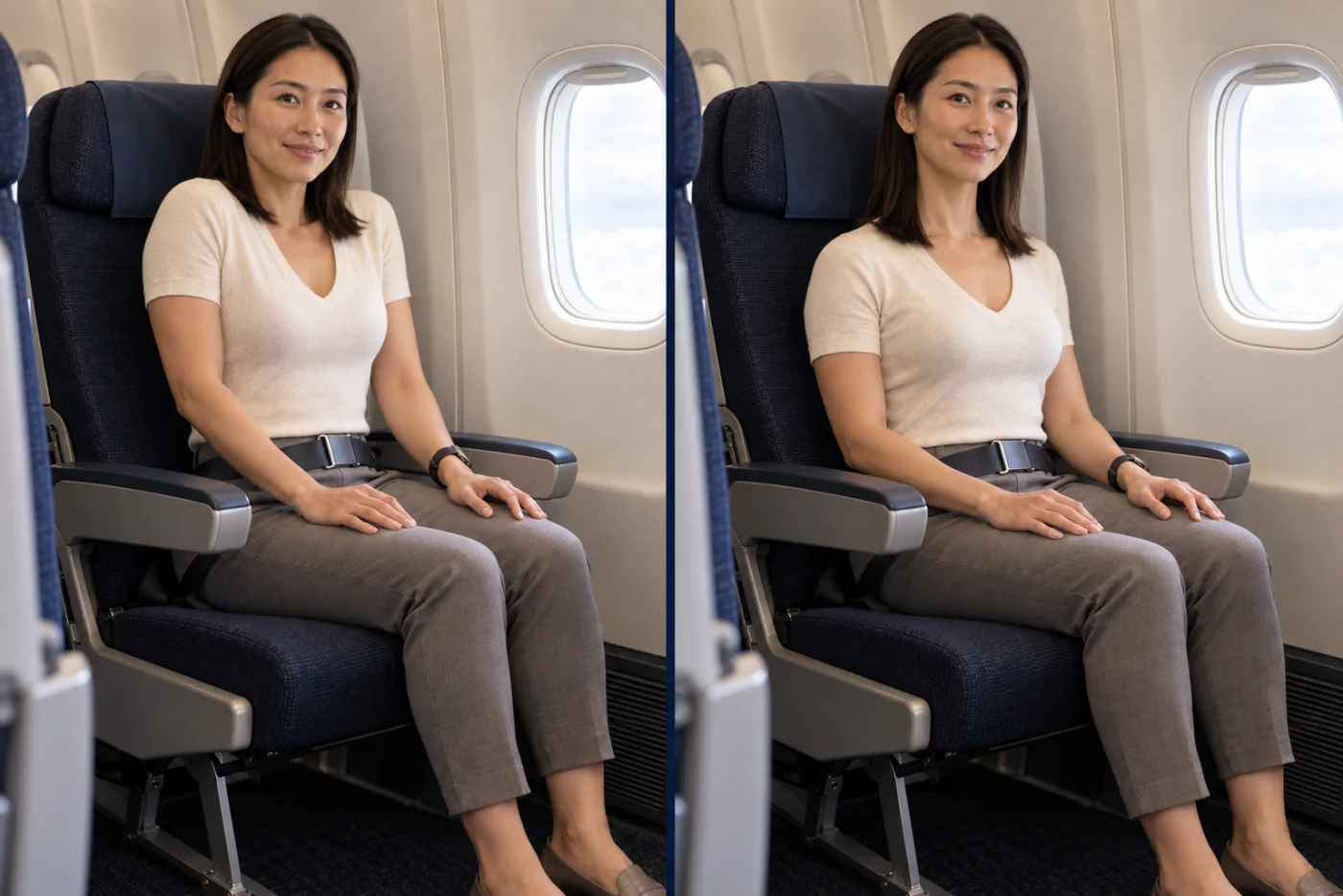 Two photographs side by side: the coach in a cream knit top and charcoal trousers, seated by an aircraft window, at the start and end of a shoulder roll
