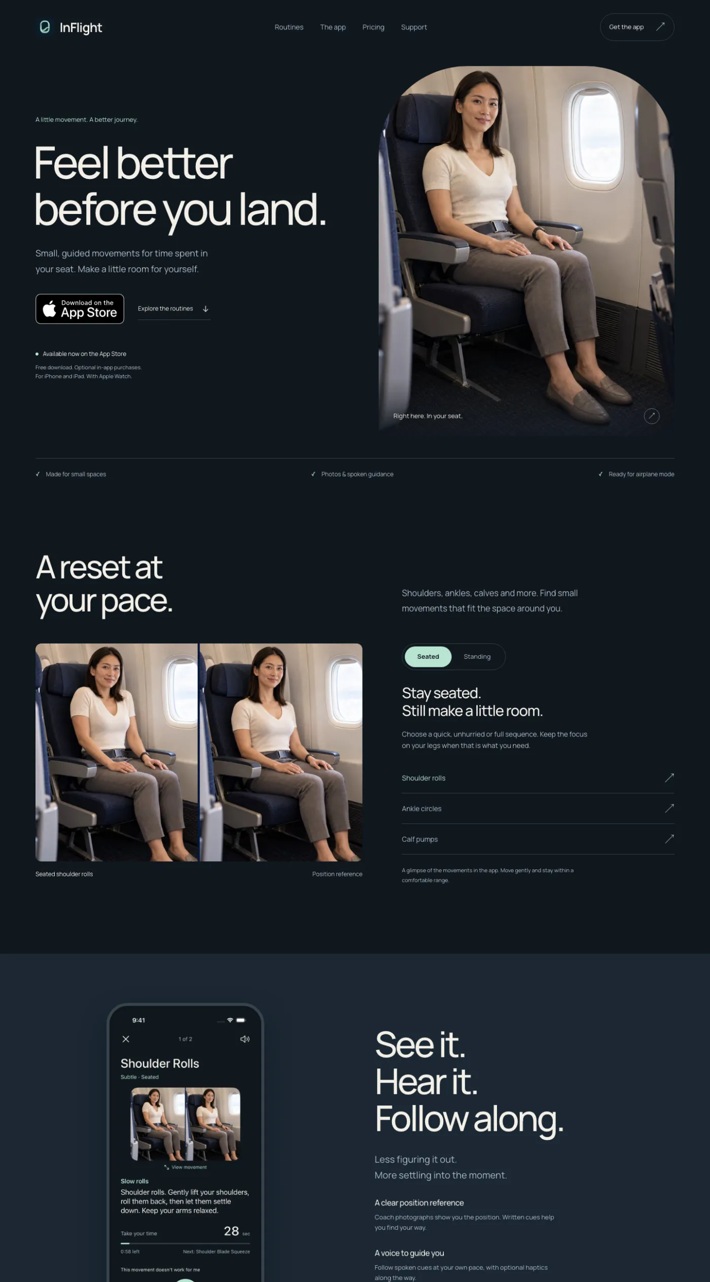 The InFlight launch site: the line Feel better before you land beside the coach in her seat, a Download on the App Store badge, and the routines preview below