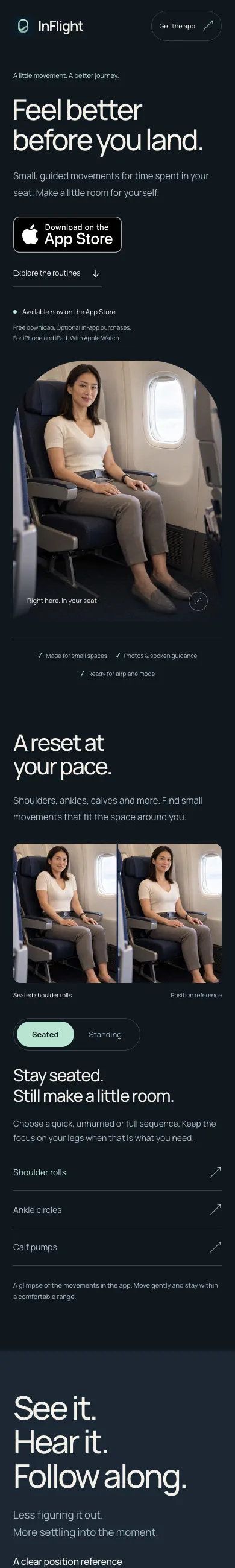 The InFlight home page on a phone: headline and App Store badge first, then the coach photograph
