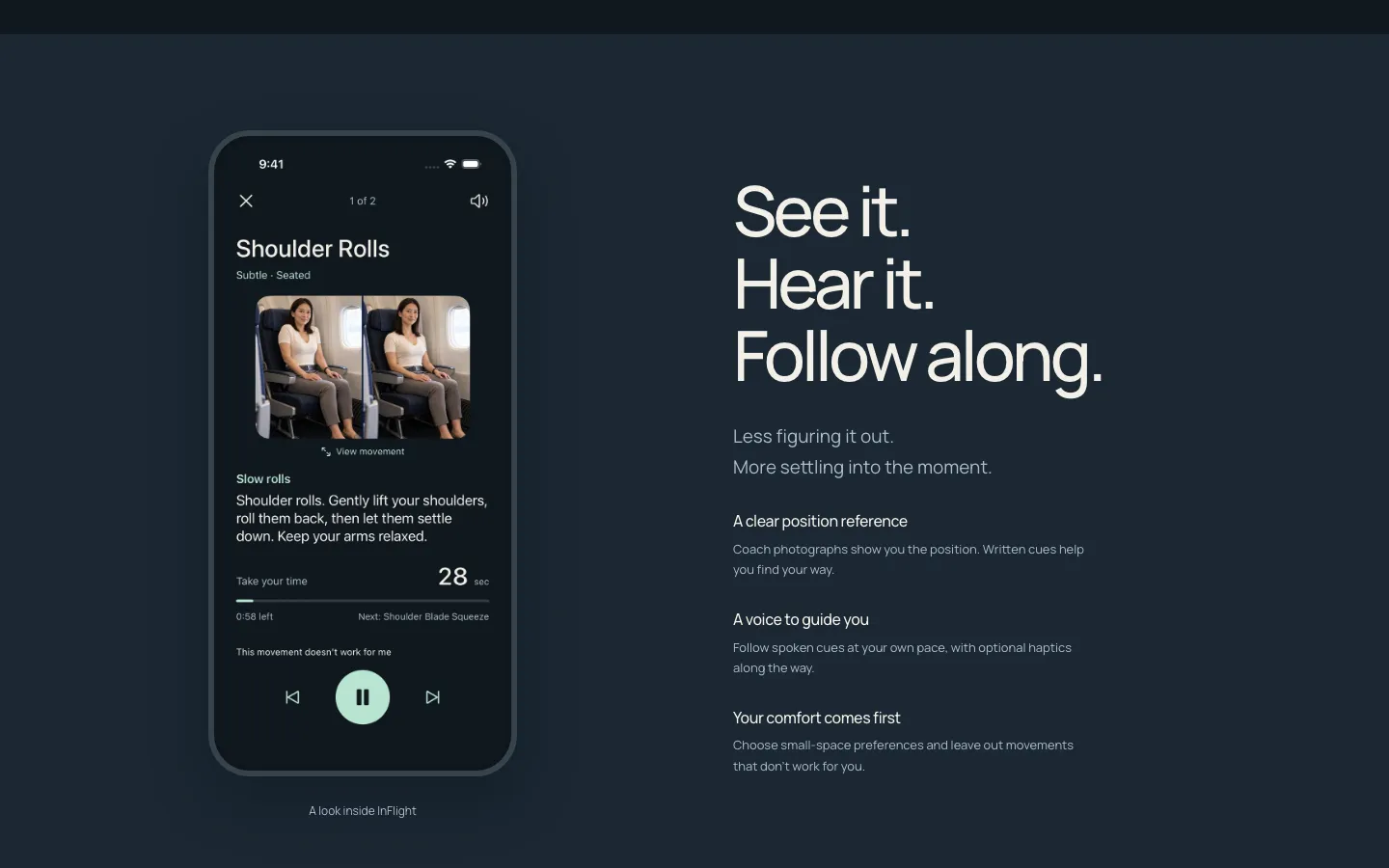 The app section: an actual screenshot of the routine player beside the line See it. Hear it. Follow along.