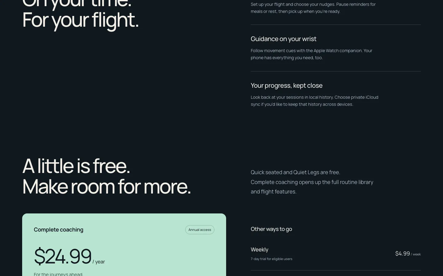 The pricing section: annual access featured, weekly, monthly and permanent access beside it, and a note that the free routines stay free