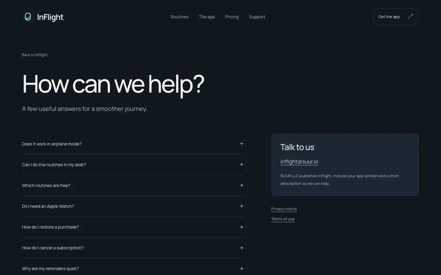The support page: How can we help, a monitored email address, and nine questions about offline use, restoring purchases, reminders and data