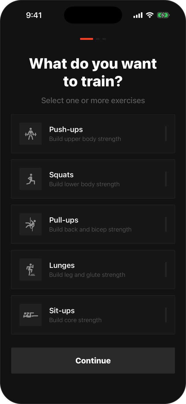 Onboarding — pick the exercises you want to train