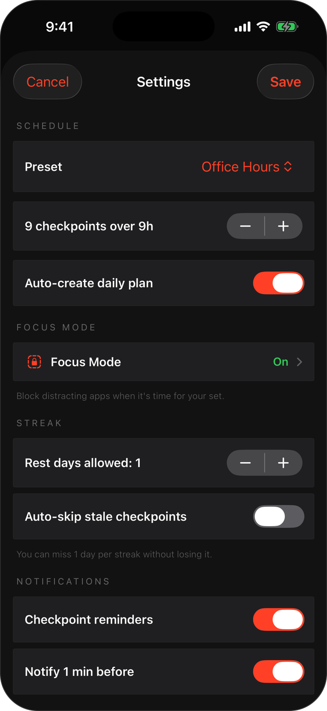Settings — schedule presets and Focus Mode app blocking