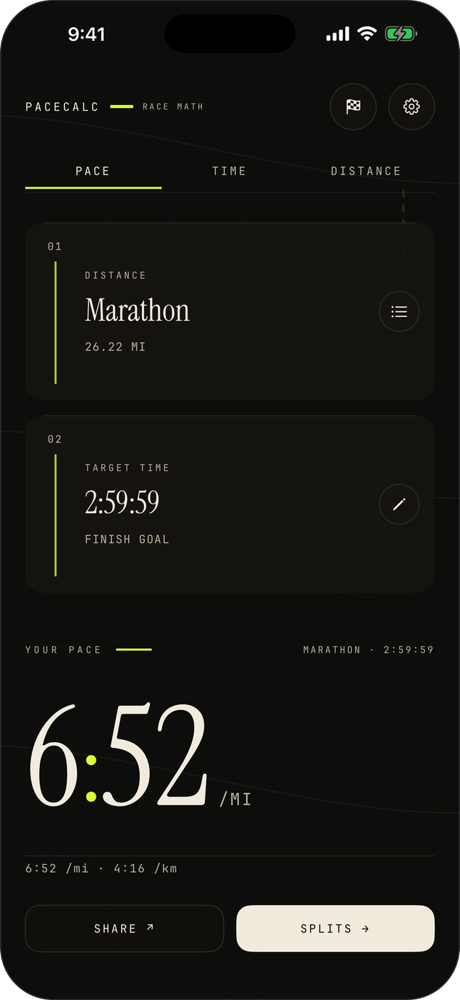 6:52 per mile in enormous serif numerals — the colon dots tinted hi-vis