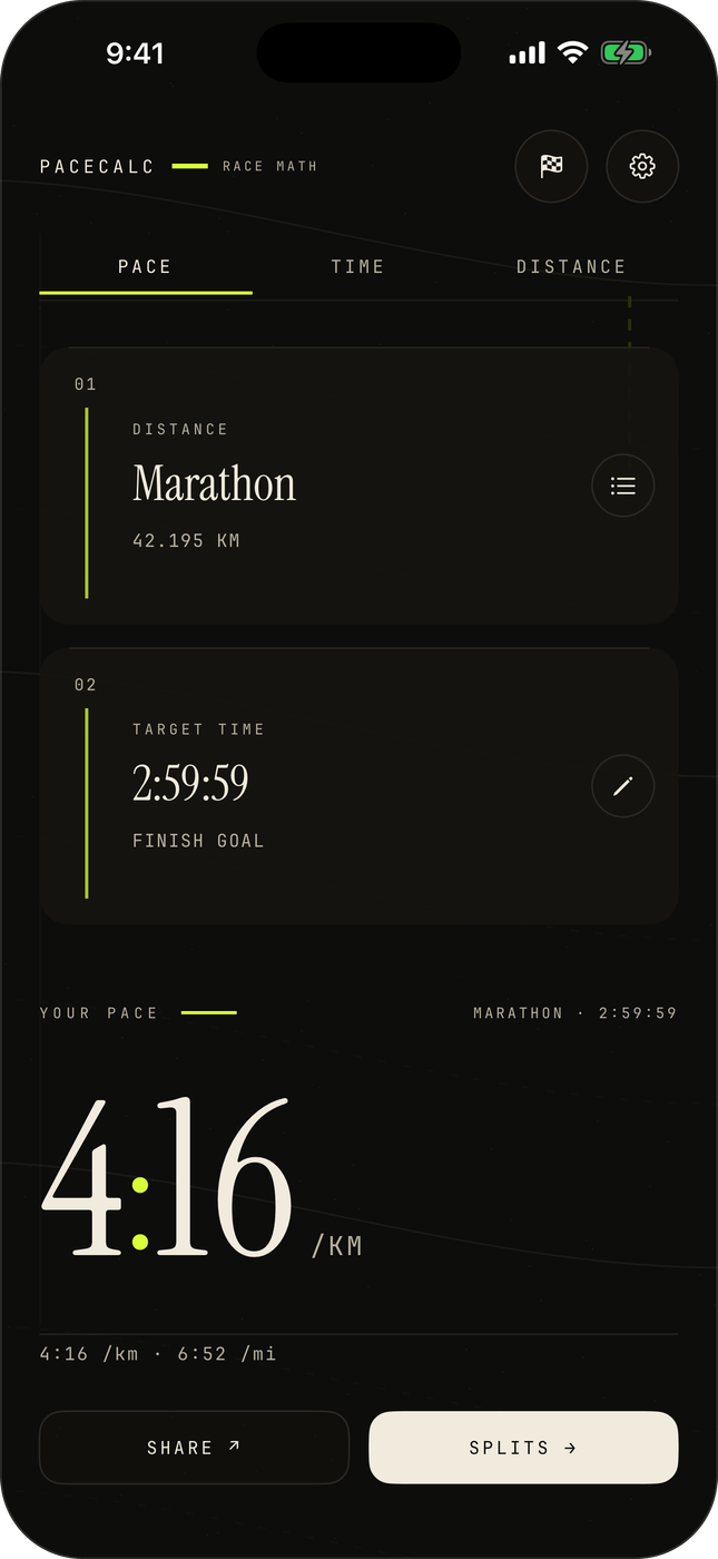 PaceCalc calculate screen — marathon in 2:59:59 is 4:16 per kilometer