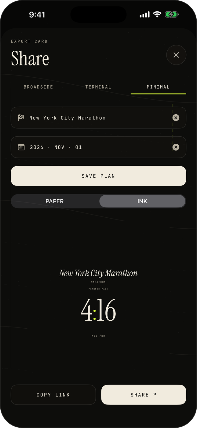 Minimal share card with the paper/ink theme toggle