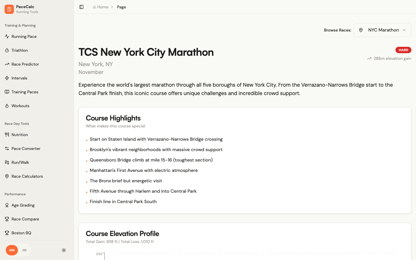 PaceCalc: Course profiles and pace tables, rendered live