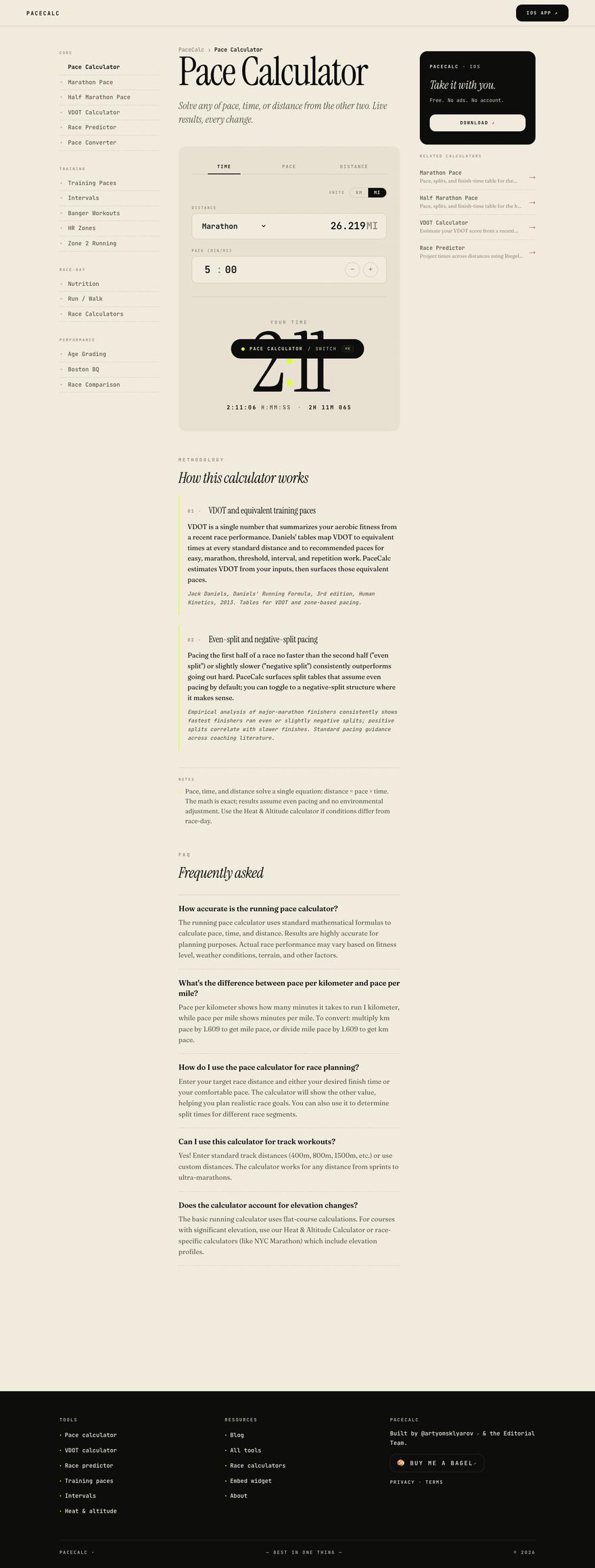 The pace calculator page, scrolling