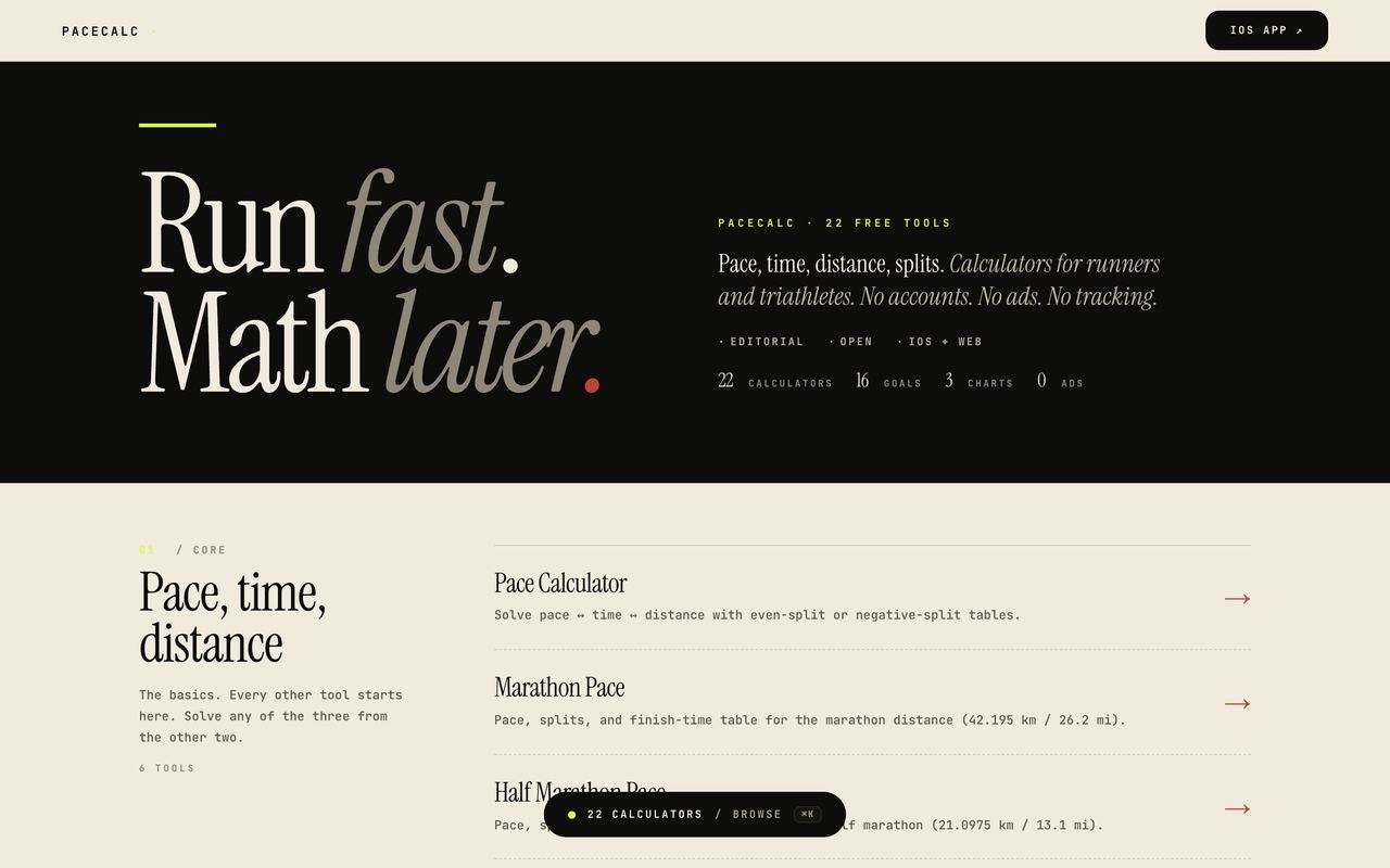 PaceCalc homepage — Run fast. Math later.