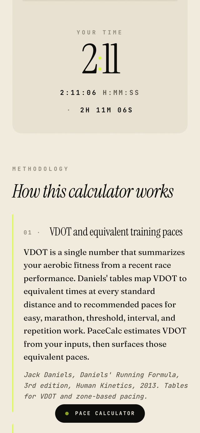 The pace calculator on mobile, mid-calculation