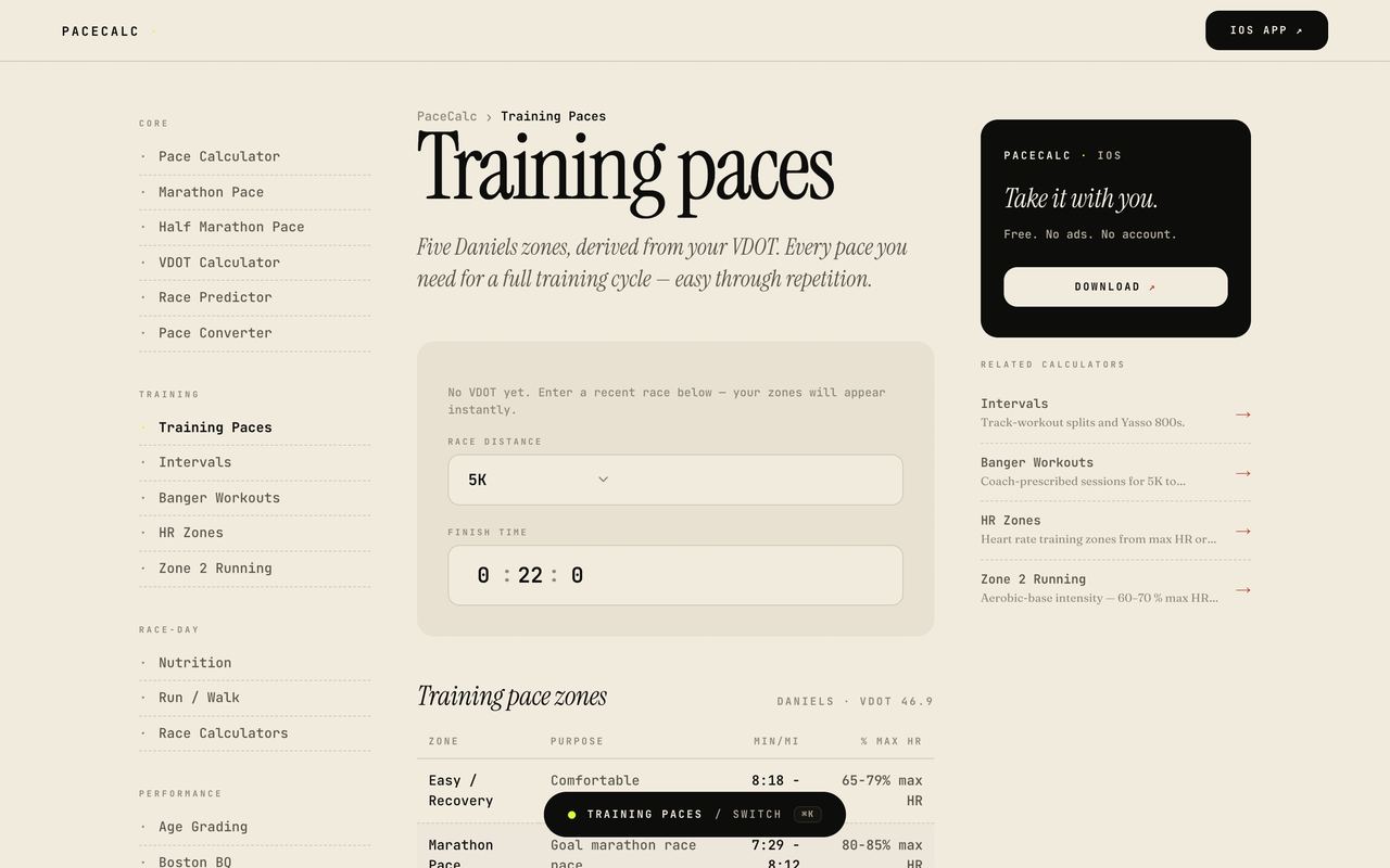 Training paces page