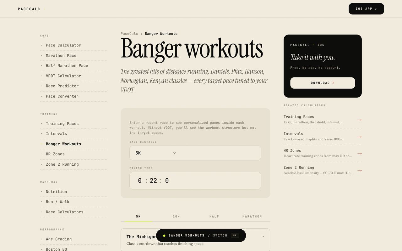 Banger Workouts — classic sessions tuned to your VDOT