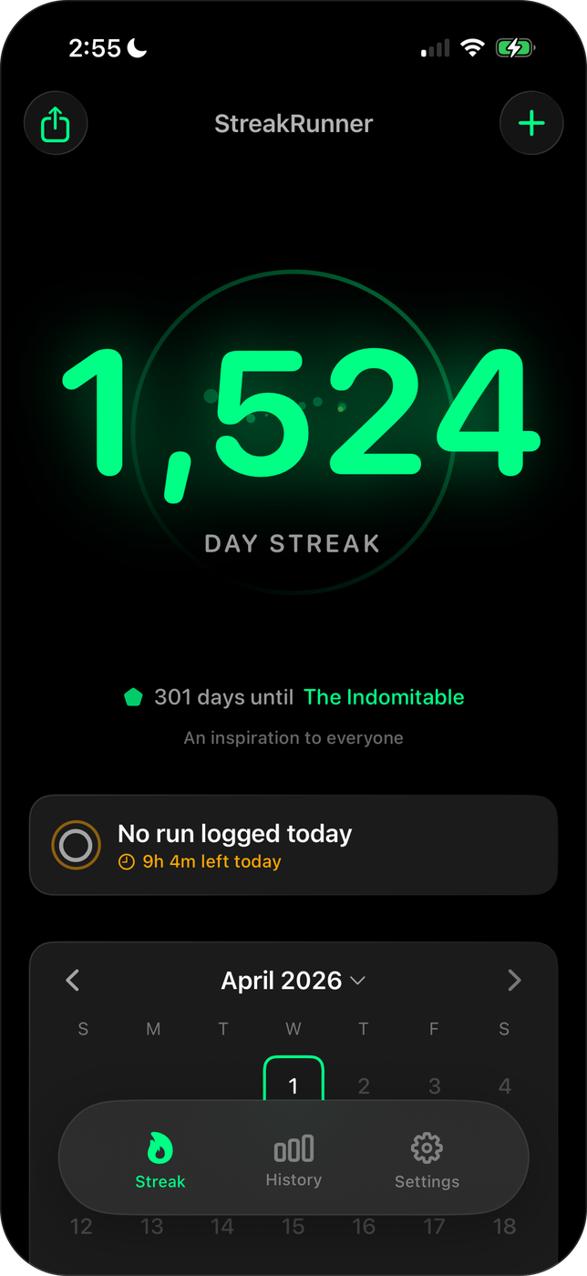 Streak Runner home — a 1,524-day streak in neon green