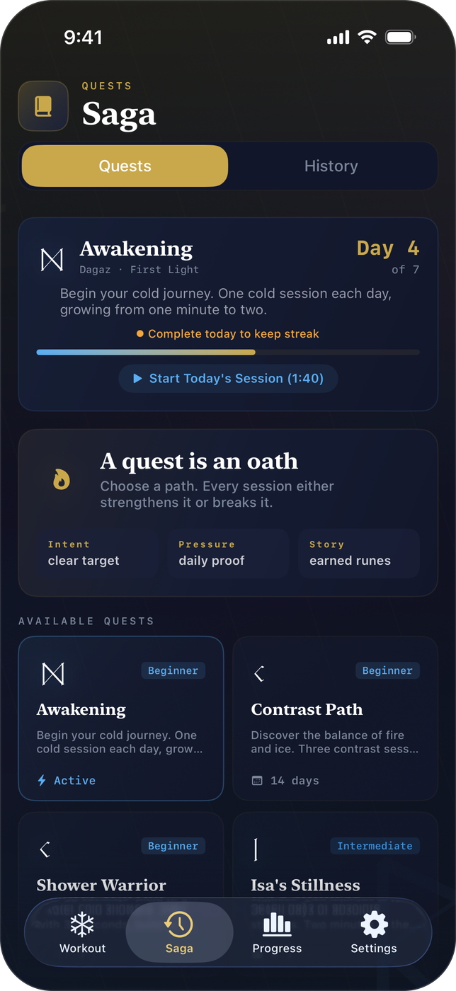The Saga tab — quests as oaths, progress marked in runes