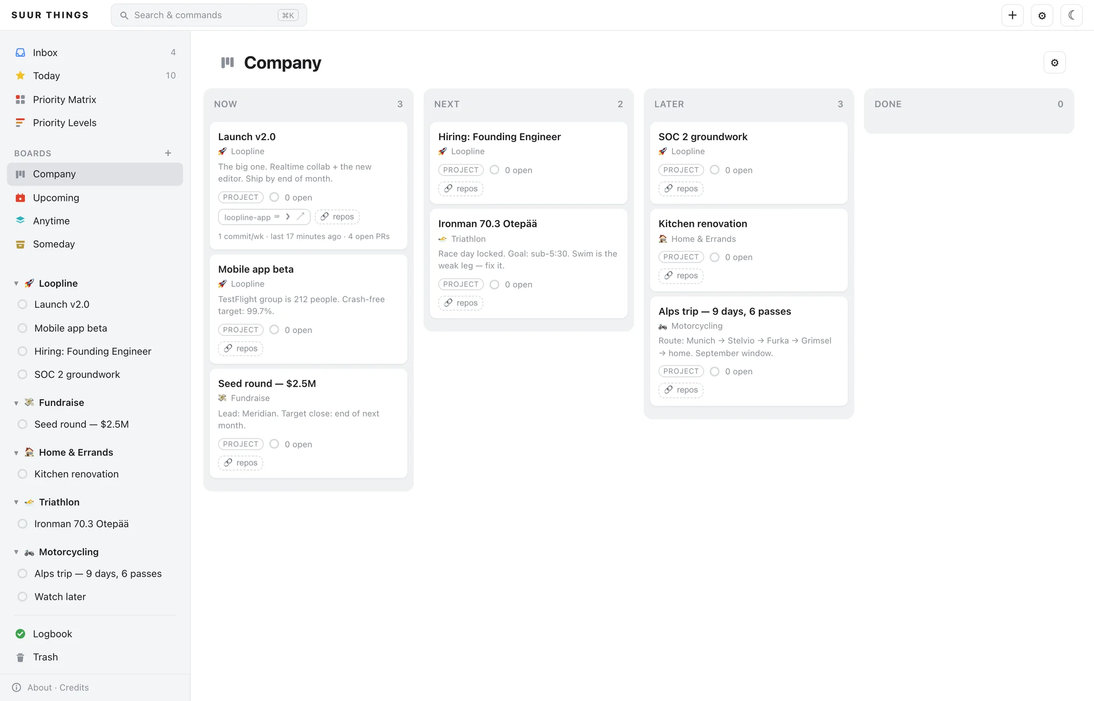 A portfolio board where cards are whole projects.